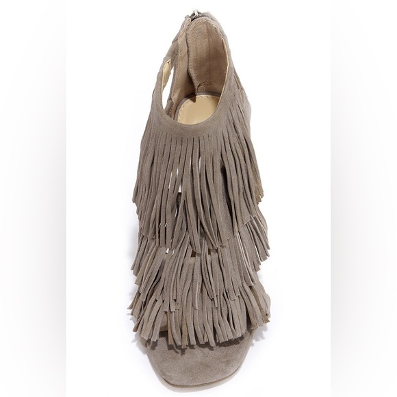 Taupe "Radiohead" Faux Suede Fringe Open Toe Heeled Sandals - Picture 5 of 12